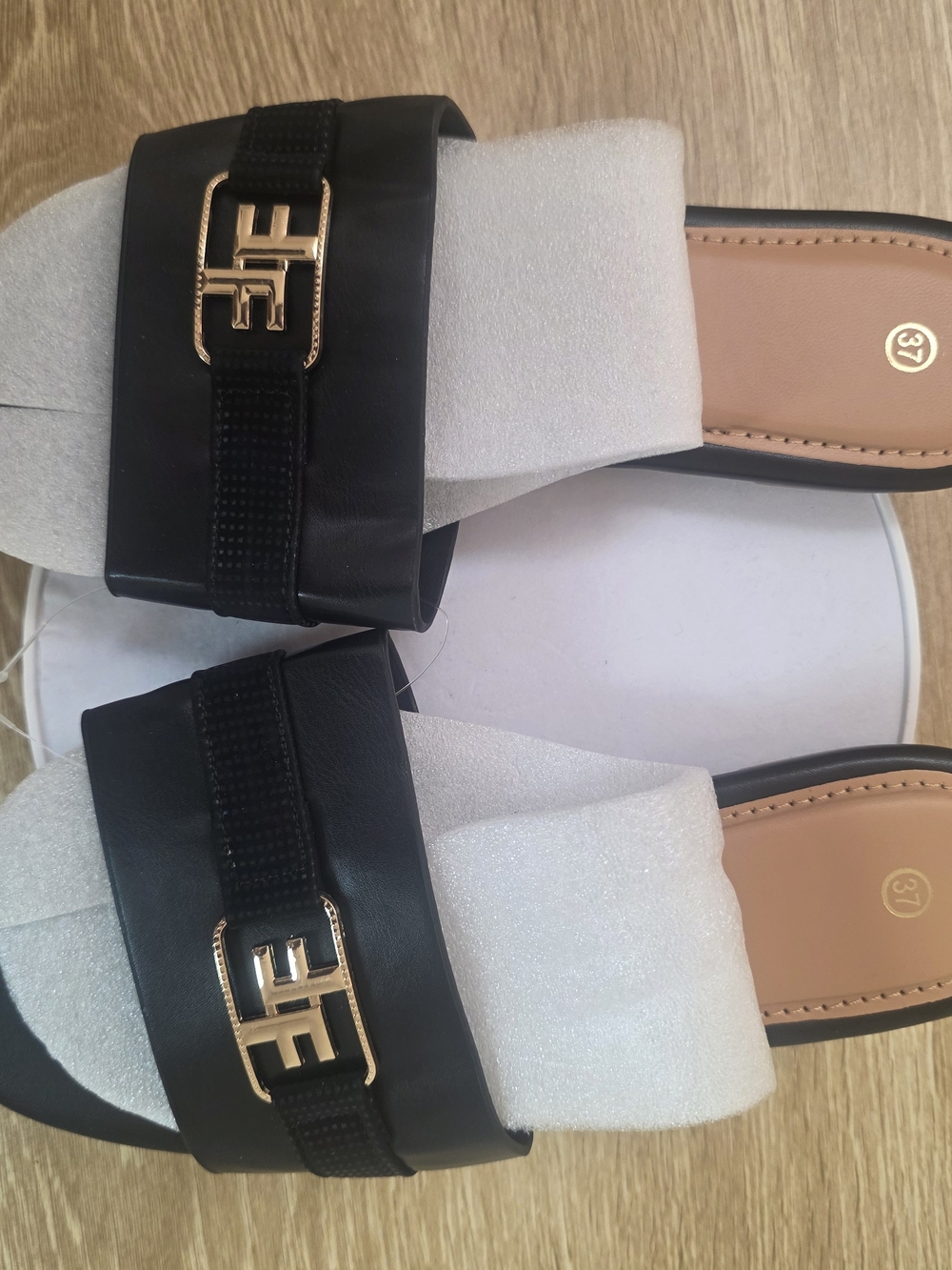 Women’s Black Slide Sandals with Gold Accent